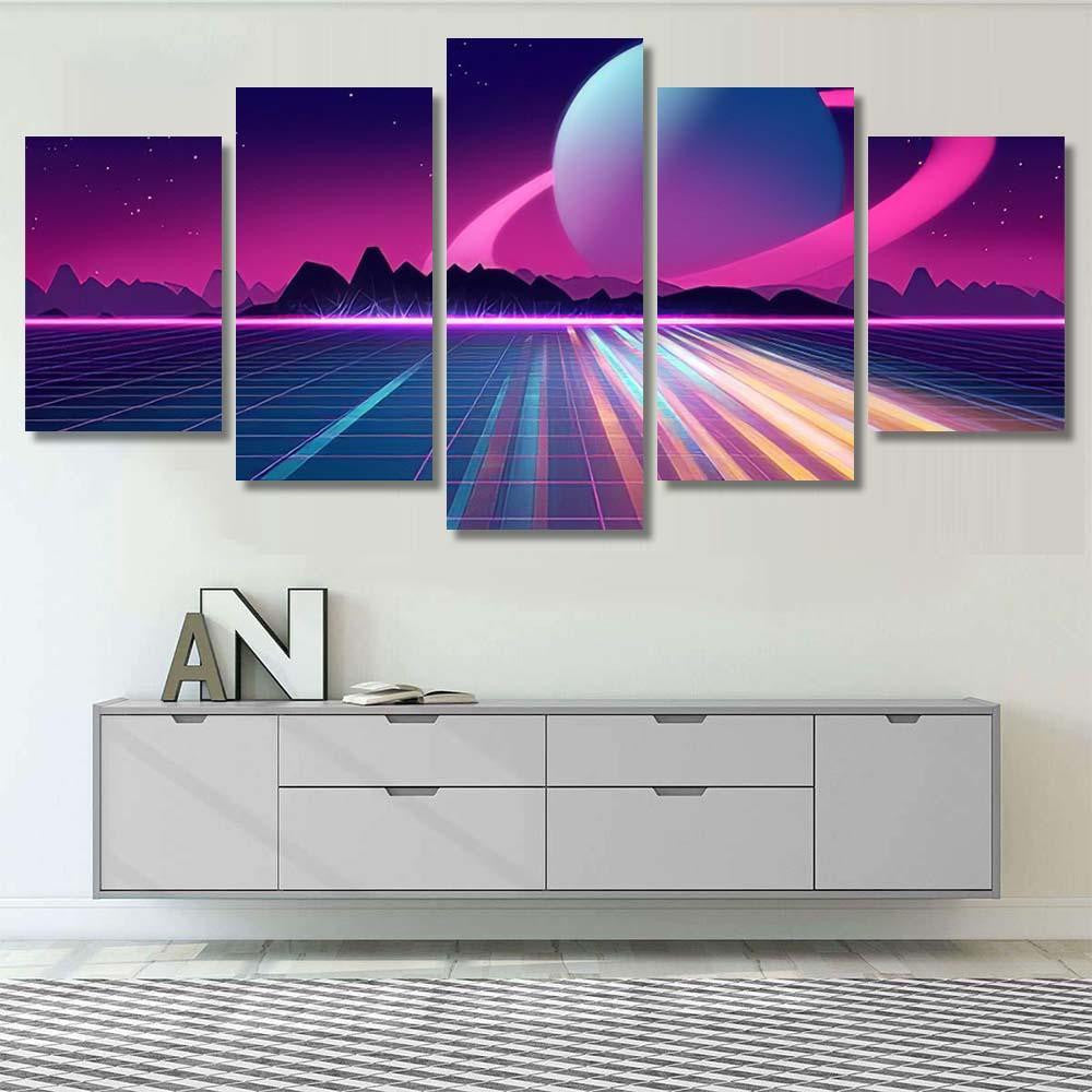 Retro Futuristic Background 1980S Style 3D 7 Galaxy Sky and Space Multi Piece Panel Canvas Home Decor Housewarming Gift Ideas Poster Canvas Gallery Prints