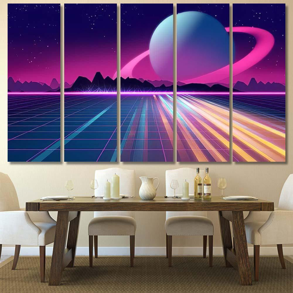 Retro Futuristic Background 1980S Style 3D 7 Galaxy Sky and Space Multi Piece Panel Canvas Home Decor Housewarming Gift Ideas Poster Canvas Gallery Prints