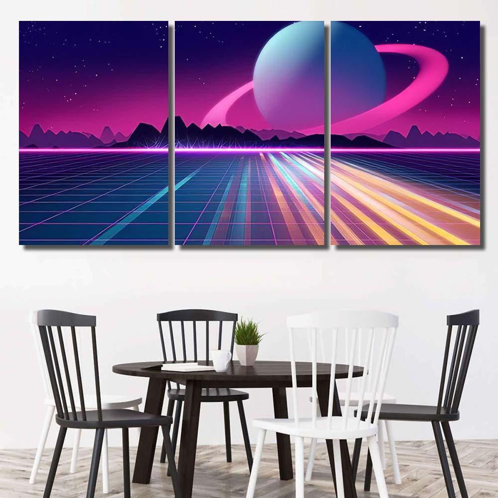 Retro Futuristic Background 1980S Style 3D 7 Galaxy Sky and Space Multi Piece Panel Canvas Home Decor Housewarming Gift Ideas Poster Canvas Gallery Prints