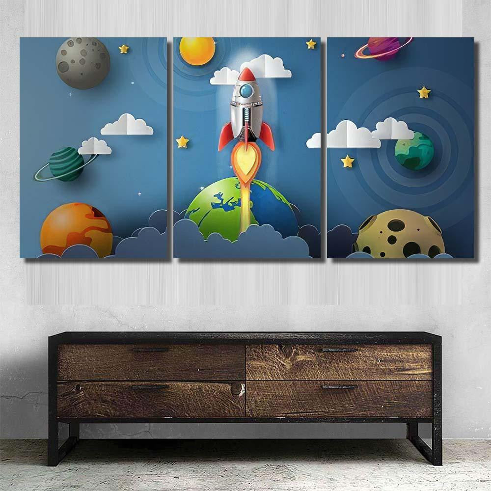 Paper Art Style Rocket Flying Space 2 Galaxy Sky and Space Multi Piece Panel Canvas Home Decor Housewarming Gift Ideas Poster Canvas Gallery Prints