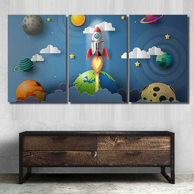 Paper Art Style Rocket Flying Space 2 Galaxy Sky and Space Multi Piece Panel Canvas Home Decor Housewarming Gift Ideas Poster Canvas Gallery Prints