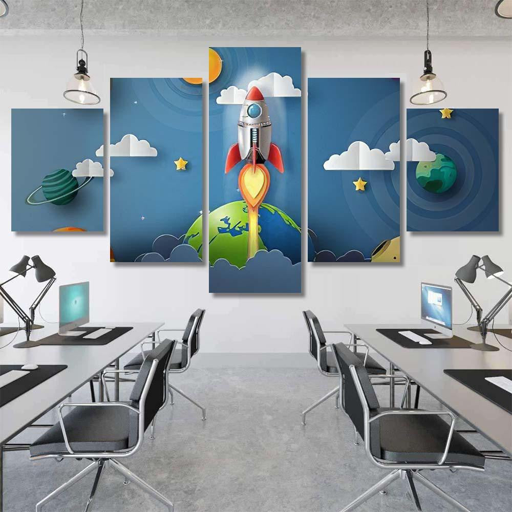 Paper Art Style Rocket Flying Space 2 Galaxy Sky and Space Multi Piece Panel Canvas Home Decor Housewarming Gift Ideas Poster Canvas Gallery Prints