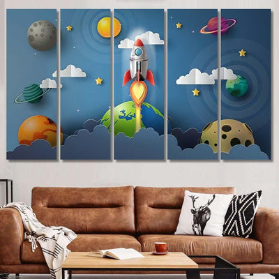 Paper Art Style Rocket Flying Space 2 Galaxy Sky and Space Multi Piece Panel Canvas Home Decor Housewarming Gift Ideas Poster Canvas Gallery Prints