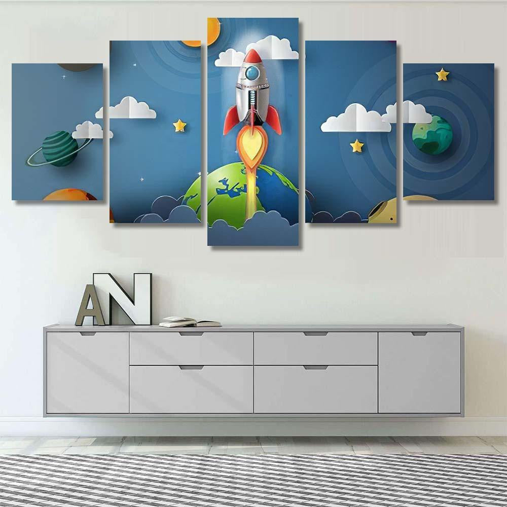 Paper Art Style Rocket Flying Space 2 Galaxy Sky and Space Multi Piece Panel Canvas Home Decor Housewarming Gift Ideas Poster Canvas Gallery Prints