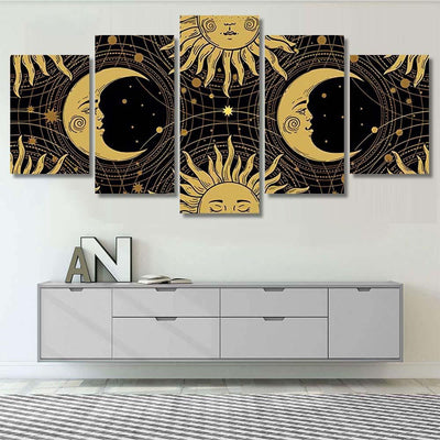 Seamless Pattern Golden Sun Face Crescent Galaxy Sky and Space Multi Piece Panel Canvas Home Decor Housewarming Gift Ideas Poster Canvas Gallery Prints