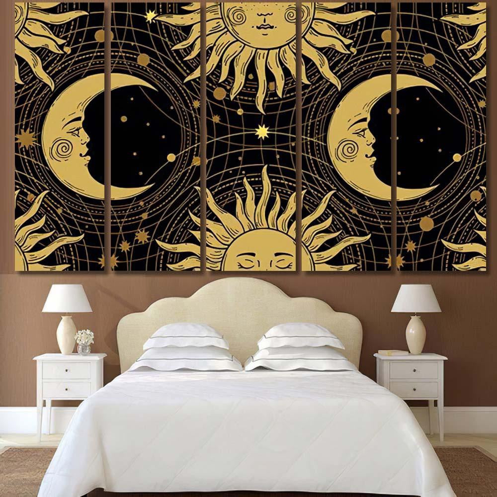 Seamless Pattern Golden Sun Face Crescent Galaxy Sky and Space Multi Piece Panel Canvas Home Decor Housewarming Gift Ideas Poster Canvas Gallery Prints