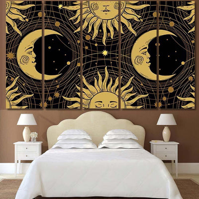 Seamless Pattern Golden Sun Face Crescent Galaxy Sky and Space Multi Piece Panel Canvas Home Decor Housewarming Gift Ideas Poster Canvas Gallery Prints