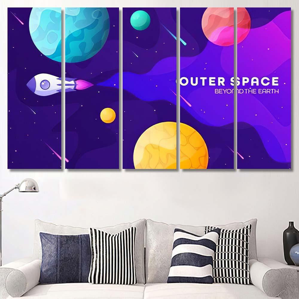 Space Futuristic Modern Colorful Background Rocket Galaxy Sky and Space Multi Piece Panel Canvas Home Decor Housewarming Gift Ideas Poster Canvas Gallery Prints