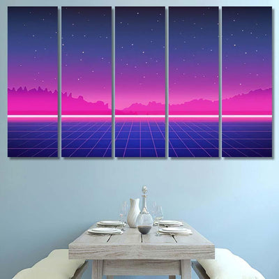Retro Scifi Background Mountains Futuristic Vector Galaxy Sky and Space Multi Piece Panel Canvas Home Decor Housewarming Gift Ideas Poster Canvas Gallery Prints