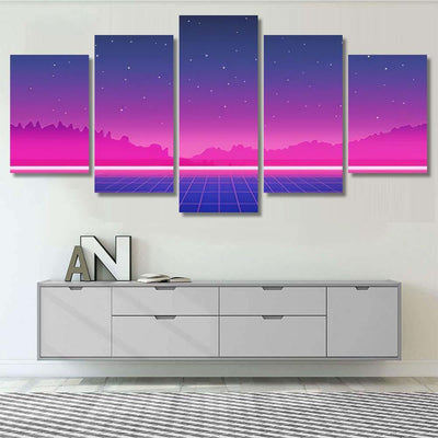 Retro Scifi Background Mountains Futuristic Vector Galaxy Sky and Space Multi Piece Panel Canvas Home Decor Housewarming Gift Ideas Poster Canvas Gallery Prints