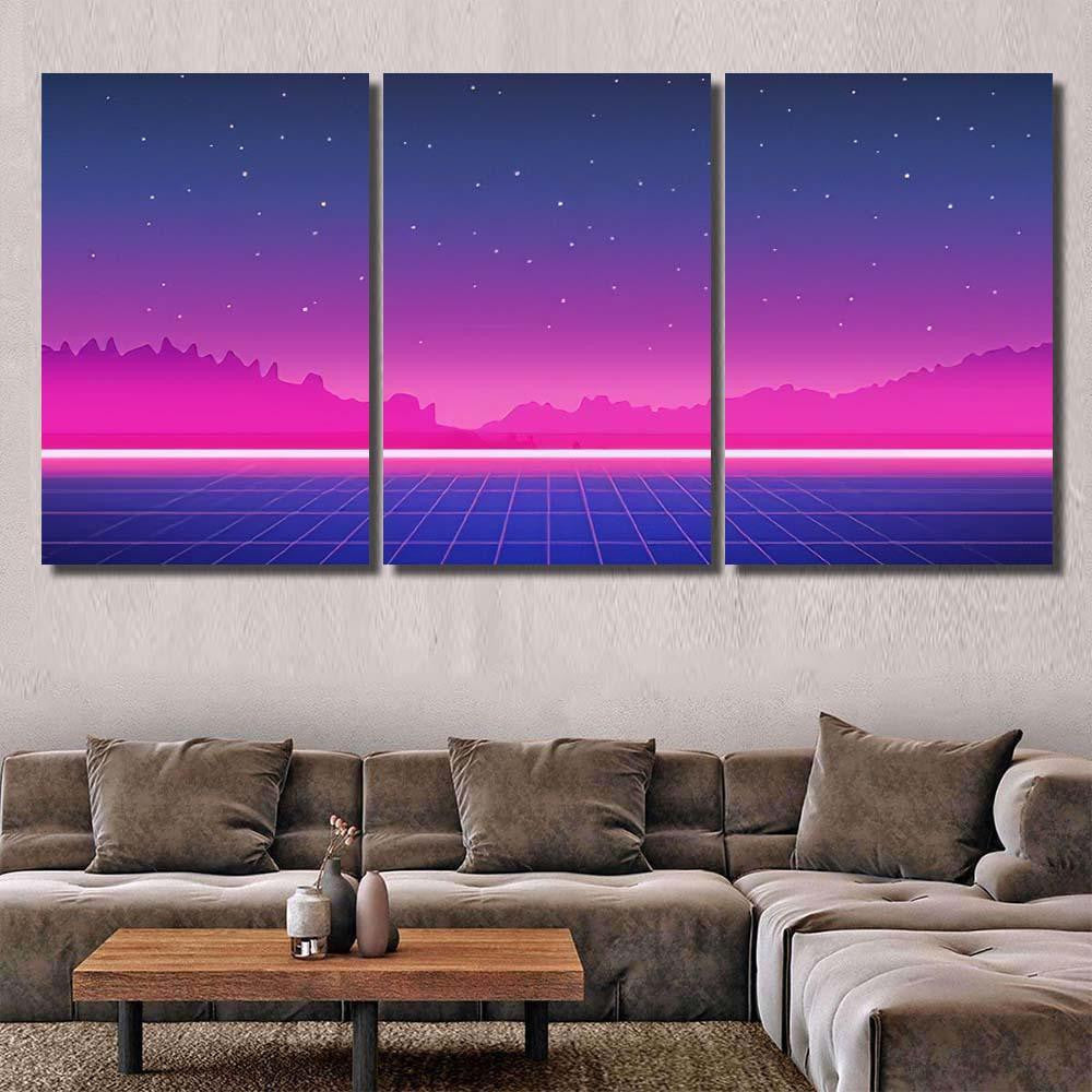 Retro Scifi Background Mountains Futuristic Vector Galaxy Sky and Space Multi Piece Panel Canvas Home Decor Housewarming Gift Ideas Poster Canvas Gallery Prints