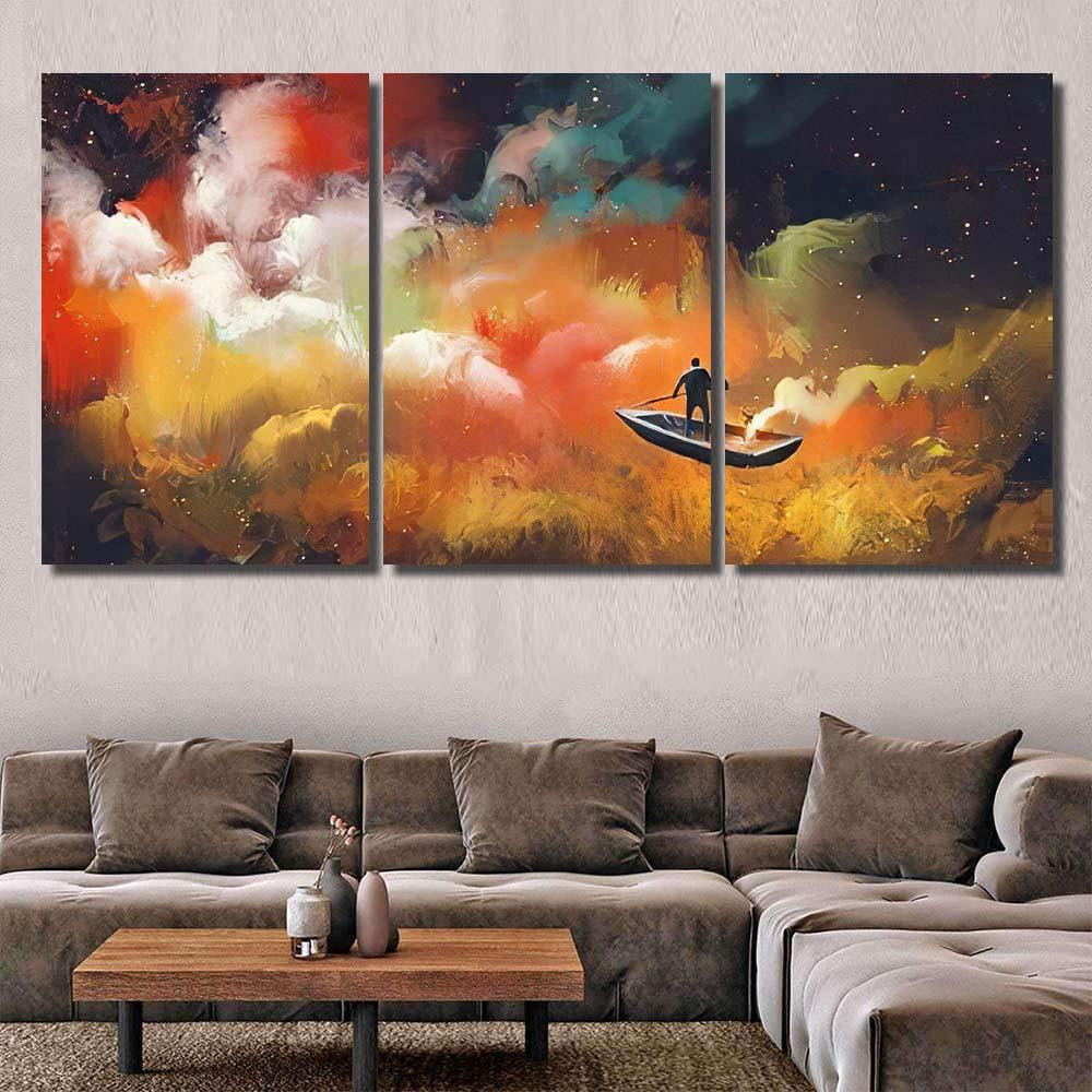 Man On Boat Outer Space Colorful Galaxy Sky and Space Multi Piece Panel Canvas Home Decor Housewarming Gift Ideas Poster Canvas Gallery Prints