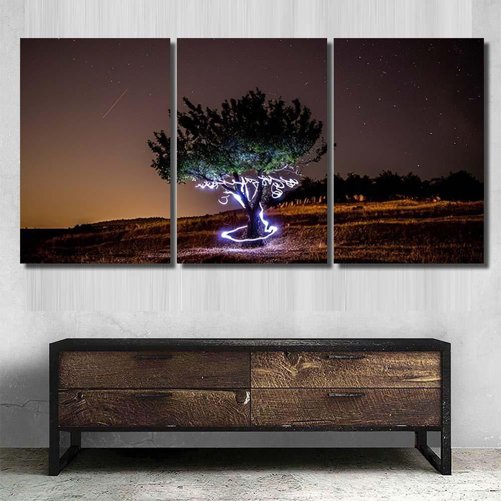 Happy Tree On Middle Field While Galaxy Sky and Space Multi Piece Panel Canvas Home Decor Housewarming Gift Ideas Poster Canvas Gallery Prints