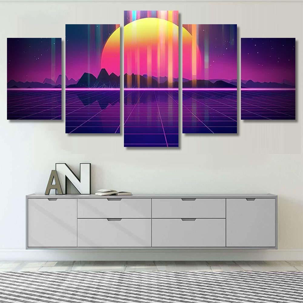 Retro Futuristic Background 1980S Style 3D 6 Galaxy Sky and Space Multi Piece Panel Canvas Home Decor Housewarming Gift Ideas Poster Canvas Gallery Prints