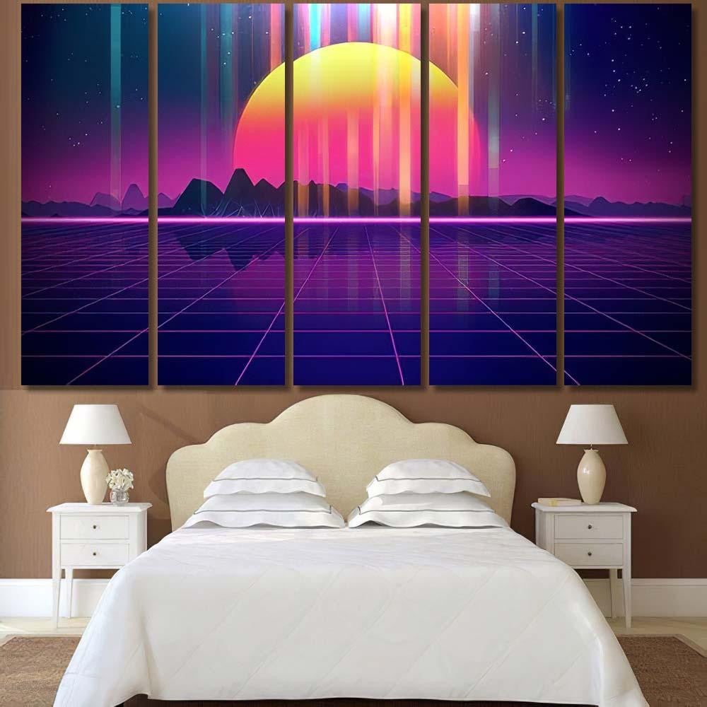 Retro Futuristic Background 1980S Style 3D 6 Galaxy Sky and Space Multi Piece Panel Canvas Home Decor Housewarming Gift Ideas Poster Canvas Gallery Prints