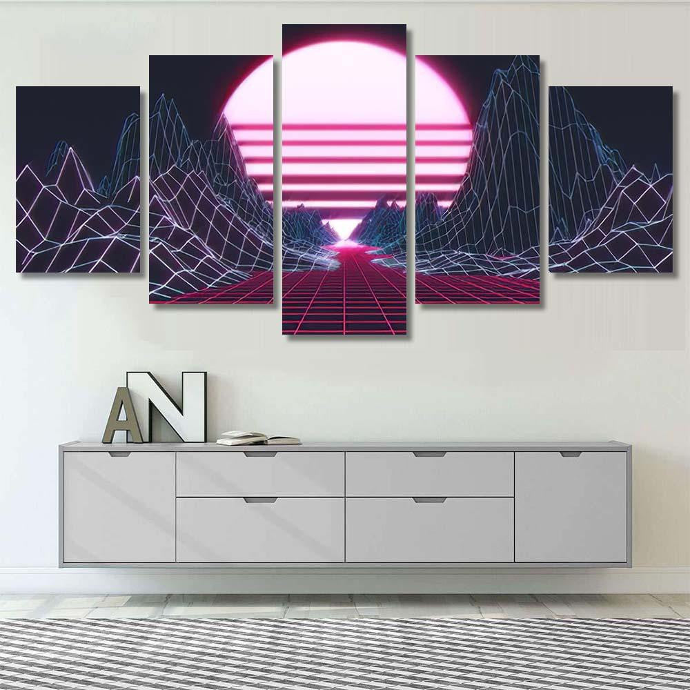 Retro Futurism Background 1980S Style 3D Galaxy Sky and Space Multi Piece Panel Canvas Home Decor Housewarming Gift Ideas Poster Canvas Gallery Prints