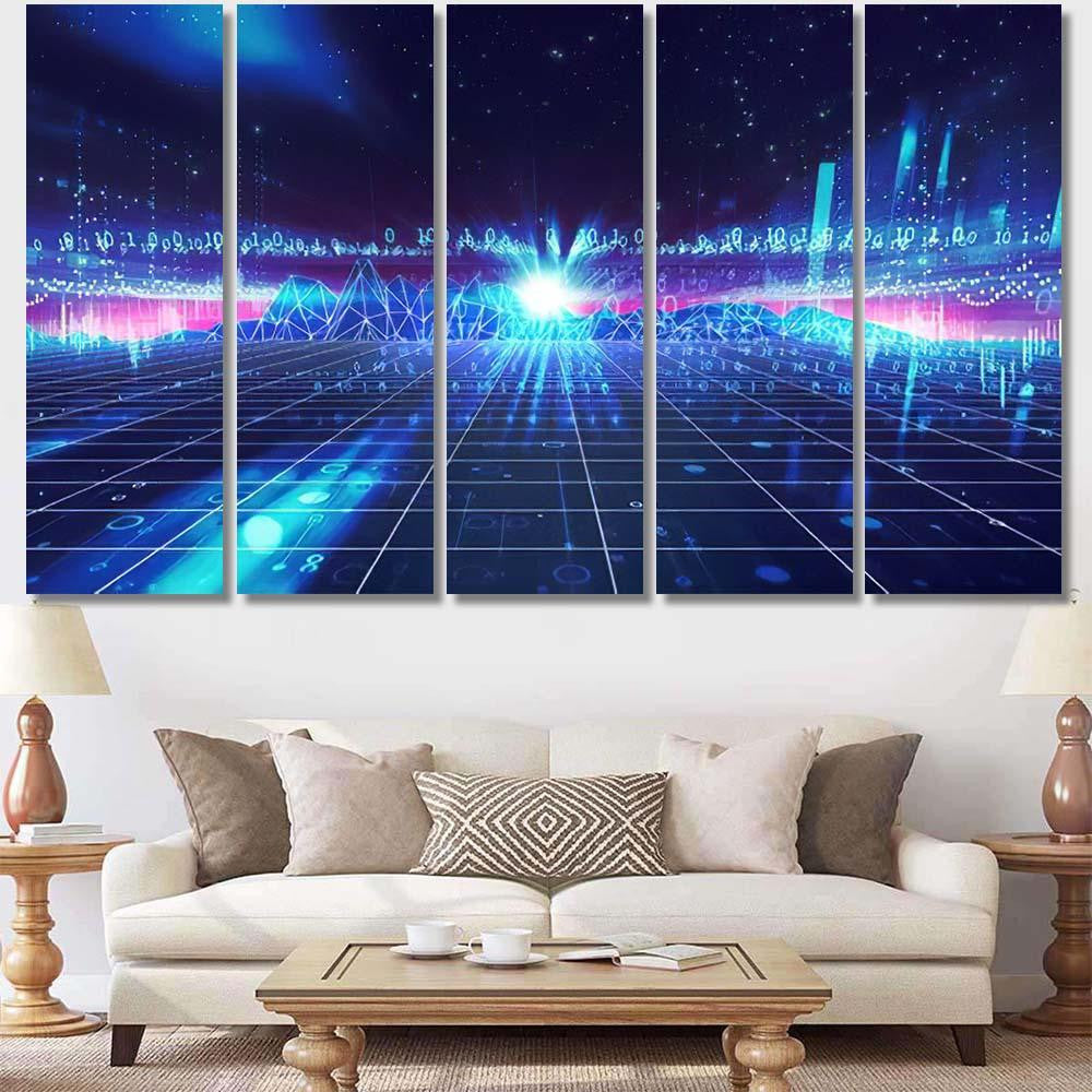 Retro Futuristic Background 1980S Style 3D 2 Galaxy Sky and Space Multi Piece Panel Canvas Home Decor Housewarming Gift Ideas Poster Canvas Gallery Prints
