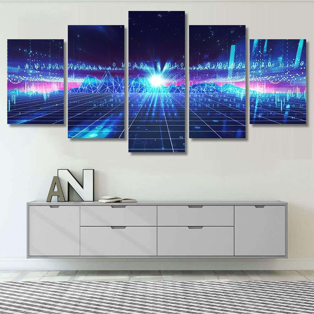 Retro Futuristic Background 1980S Style 3D 2 Galaxy Sky and Space Multi Piece Panel Canvas Home Decor Housewarming Gift Ideas Poster Canvas Gallery Prints