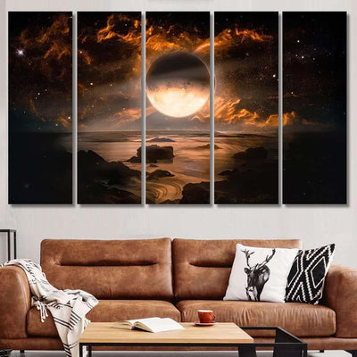 Landscape Fantasy Alien Planet Flaming Moon 1 Galaxy Sky and Space Multi Piece Panel Canvas Home Decor Housewarming Gift Ideas Poster Canvas Gallery Prints