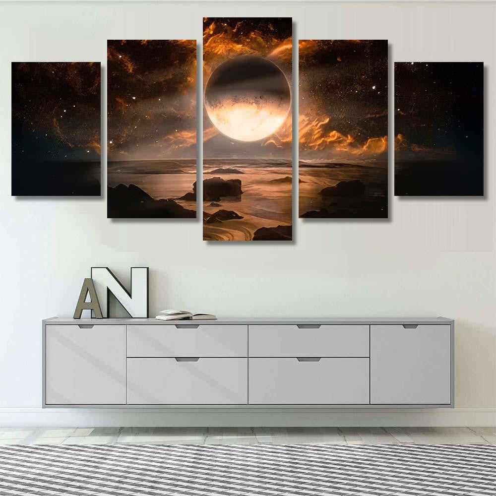 Landscape Fantasy Alien Planet Flaming Moon 1 Galaxy Sky and Space Multi Piece Panel Canvas Home Decor Housewarming Gift Ideas Poster Canvas Gallery Prints