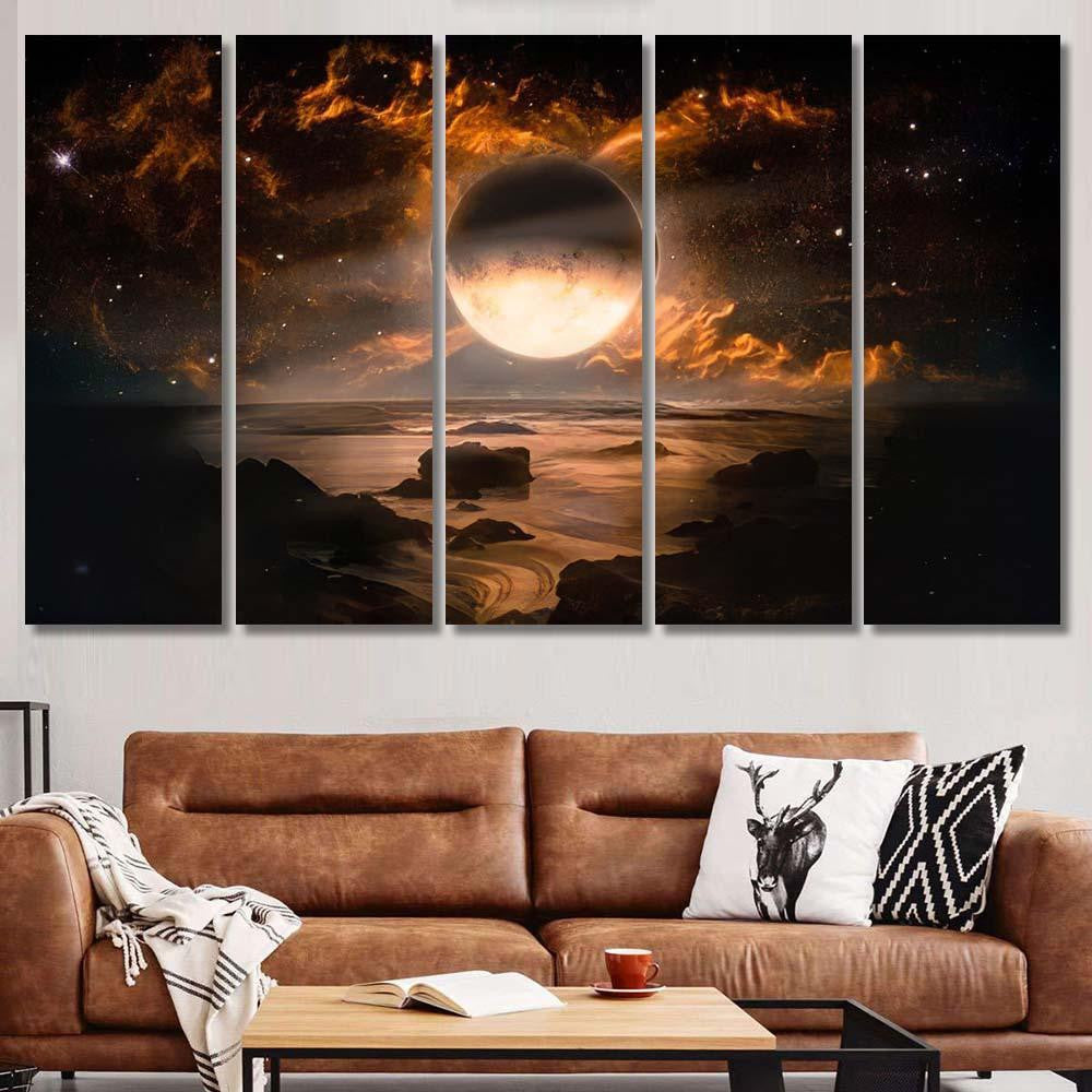 Landscape Fantasy Alien Planet Flaming Moon 1 Galaxy Sky and Space Multi Piece Panel Canvas Home Decor Housewarming Gift Ideas Poster Canvas Gallery Prints