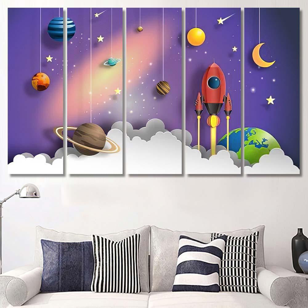 Paper Art Style Rocket Flying Space 4 Galaxy Sky and Space Multi Piece Panel Canvas Home Decor Housewarming Gift Ideas Poster Canvas Gallery Prints