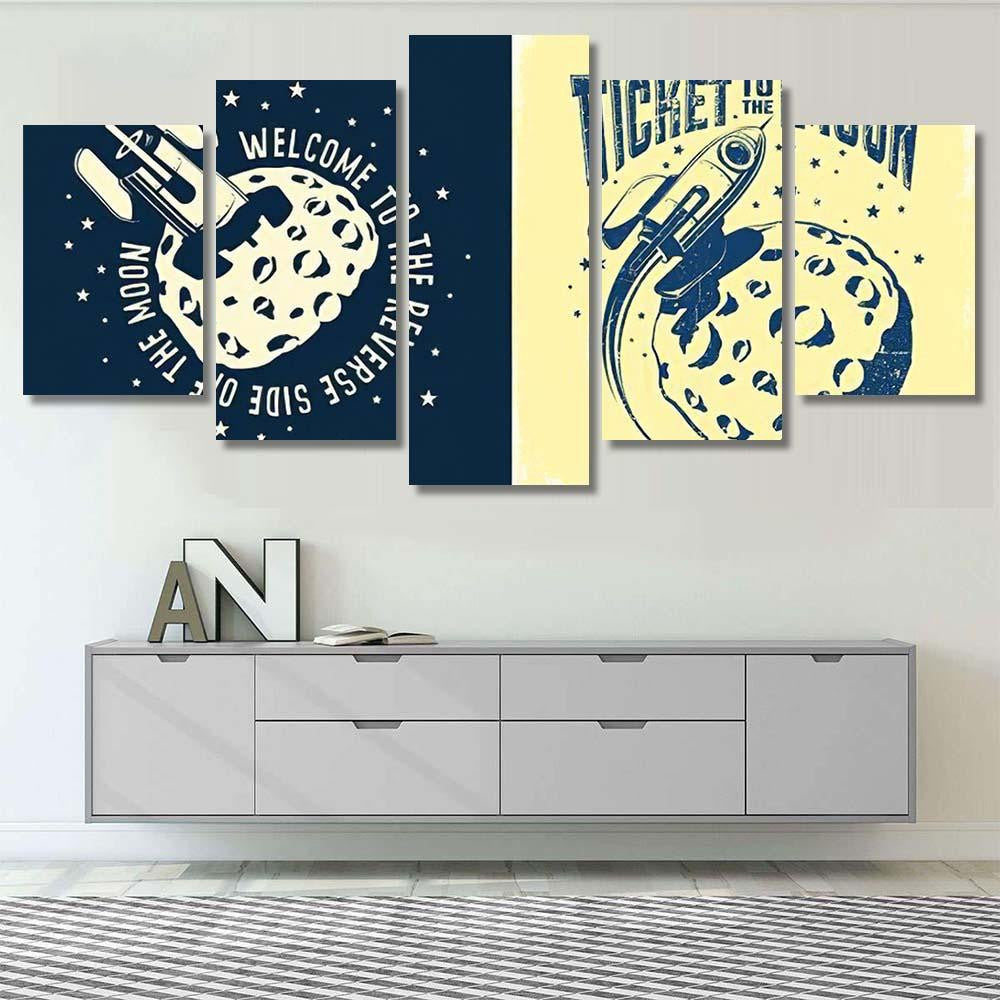 Space Rocket Crashed Into Moon Ticket Galaxy Sky and Space Multi Piece Panel Canvas Home Decor Housewarming Gift Ideas Poster Canvas Gallery Prints