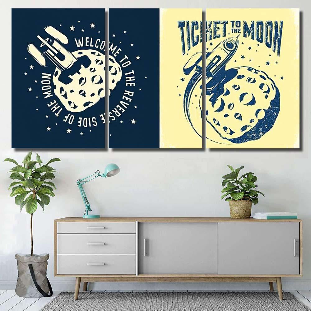 Space Rocket Crashed Into Moon Ticket Galaxy Sky and Space Multi Piece Panel Canvas Home Decor Housewarming Gift Ideas Poster Canvas Gallery Prints