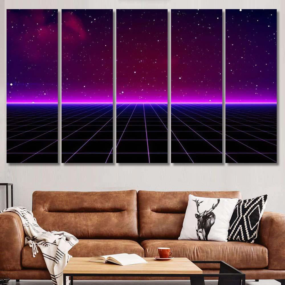 Retro Scifi Background Futuristic Landscape 80S 5 Galaxy Sky and Space Multi Piece Panel Canvas Home Decor Housewarming Gift Ideas Poster Canvas Gallery Prints