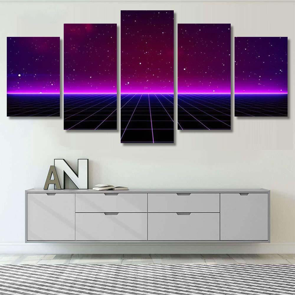 Retro Scifi Background Futuristic Landscape 80S 5 Galaxy Sky and Space Multi Piece Panel Canvas Home Decor Housewarming Gift Ideas Poster Canvas Gallery Prints