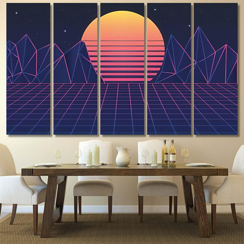 Retro Futuristic Background 80S Vector Illustration Galaxy Sky and Space Multi Piece Panel Canvas Home Decor Housewarming Gift Ideas Poster Canvas Gallery Prints