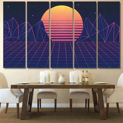 Retro Futuristic Background 80S Vector Illustration Galaxy Sky and Space Multi Piece Panel Canvas Home Decor Housewarming Gift Ideas Poster Canvas Gallery Prints