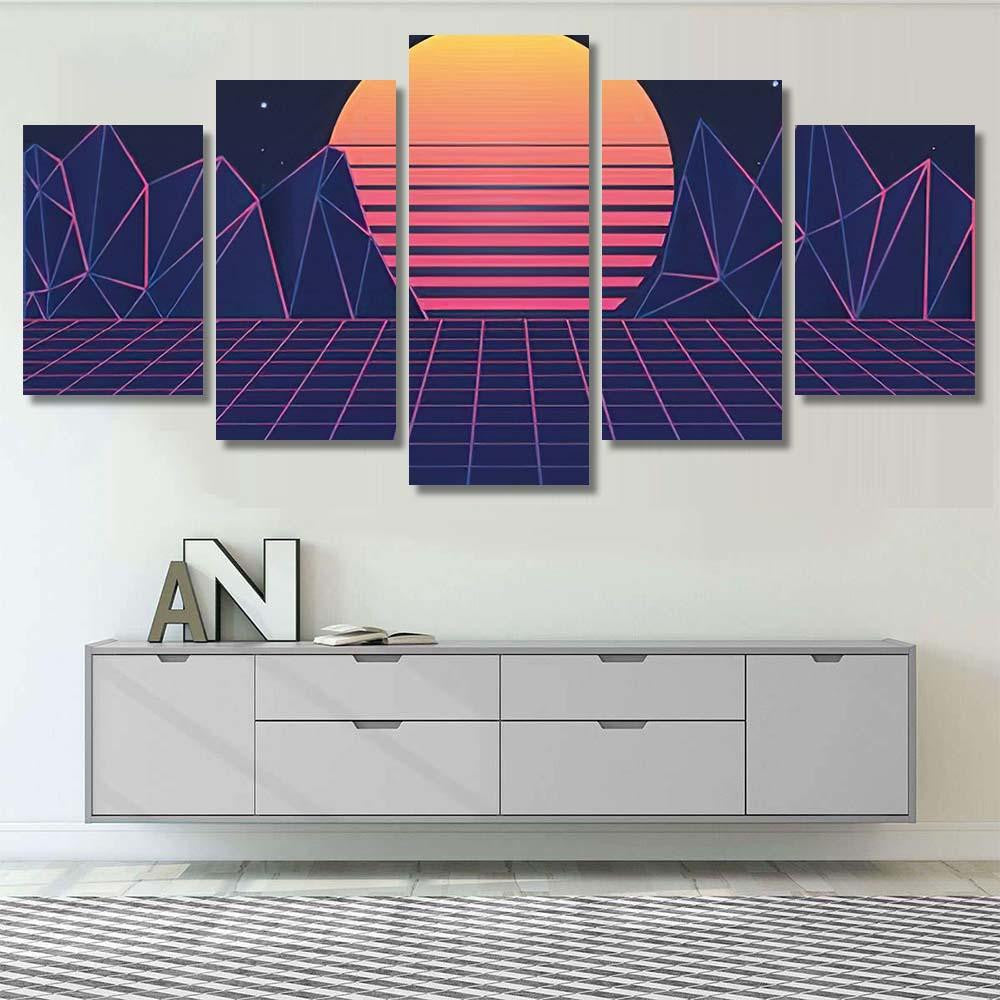 Retro Futuristic Background 80S Vector Illustration Galaxy Sky and Space Multi Piece Panel Canvas Home Decor Housewarming Gift Ideas Poster Canvas Gallery Prints