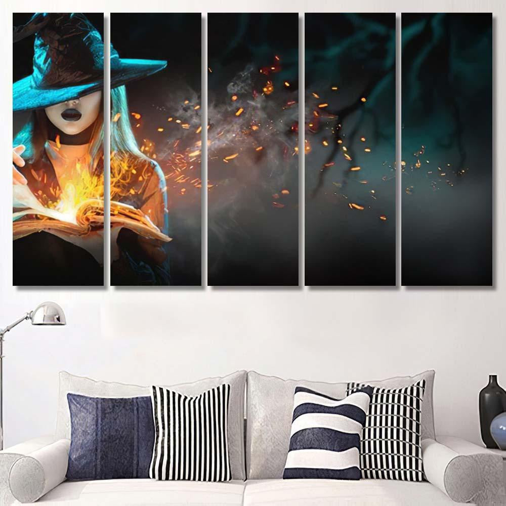 Halloween Witch Girl Magic Book Spells - Fantasy Canvas Print Panel Canvas, 3-5 Piece Canvas Art, Multi Panel Canvas Wall Art Poster Canvas Gallery Framed Prints, Canvas