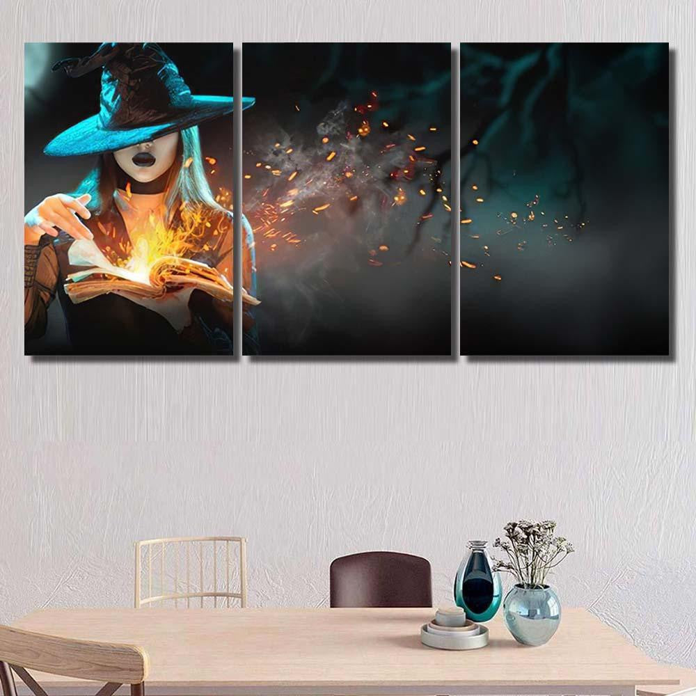 Halloween Witch Girl Magic Book Spells - Fantasy Canvas Print Panel Canvas, 3-5 Piece Canvas Art, Multi Panel Canvas Wall Art Poster Canvas Gallery Framed Prints, Canvas