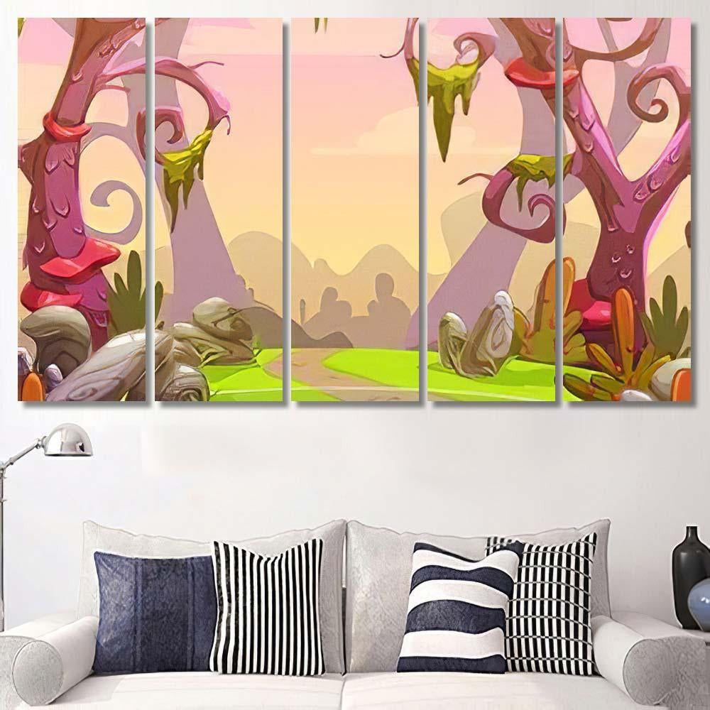 Fantasy Forest Illustration Vector Nature Landscape - Fantasy Canvas Print Panel Canvas, 3-5 Piece Canvas Art, Multi Panel Canvas Wall Art Poster Canvas Gallery Framed Prints, Canvas