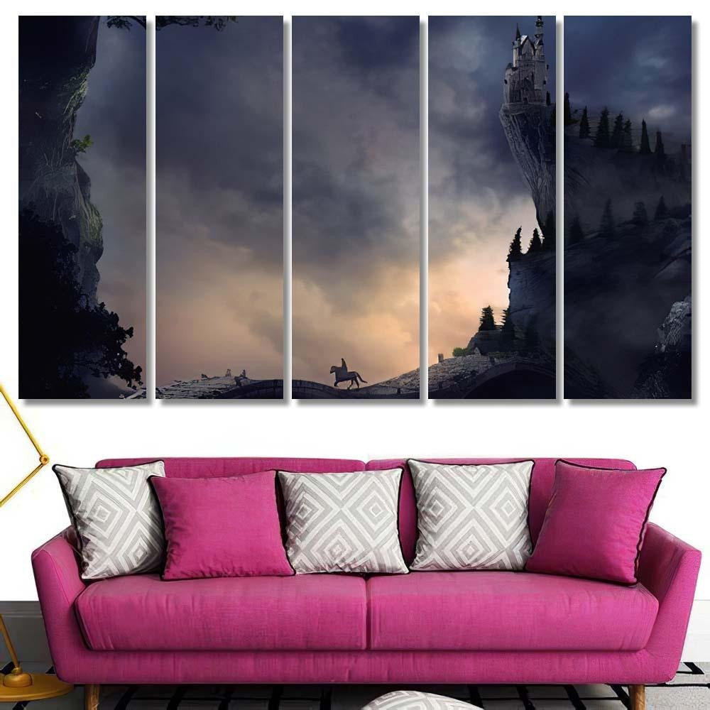 Fantasy Landscape Castle On Cliff Hill 1 - Fantasy Canvas Print Panel Canvas, 3-5 Piece Canvas Art, Multi Panel Canvas Wall Art Poster Canvas Gallery Framed Prints, Canvas