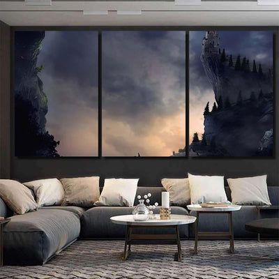 Fantasy Landscape Castle On Cliff Hill 1 - Fantasy Canvas Print Panel Canvas, 3-5 Piece Canvas Art, Multi Panel Canvas Wall Art Poster Canvas Gallery Framed Prints, Canvas
