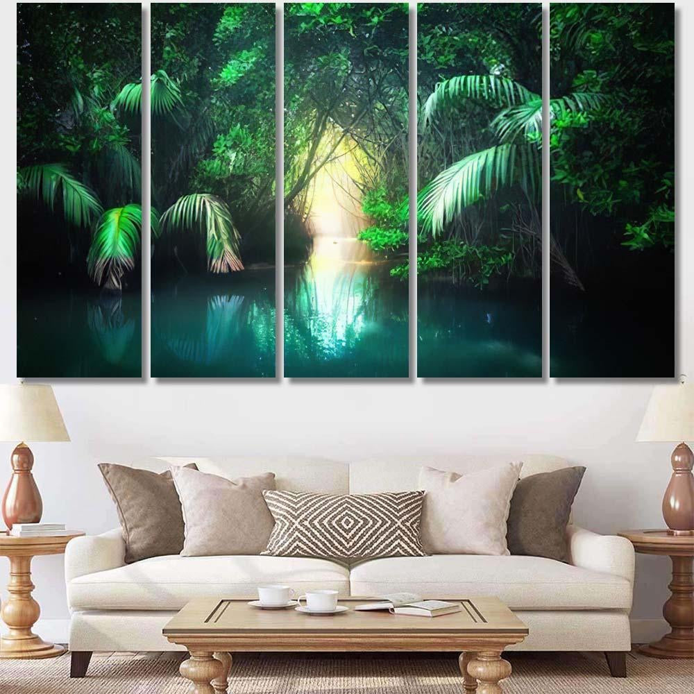 Fantasy Jungle Landscape Turquoise Tropical Lake 2 - Fantasy Canvas Print Panel Canvas, 3-5 Piece Canvas Art, Multi Panel Canvas Wall Art Poster Canvas Gallery Framed Prints, Canvas