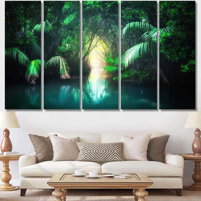 Fantasy Jungle Landscape Turquoise Tropical Lake 2 - Fantasy Canvas Print Panel Canvas, 3-5 Piece Canvas Art, Multi Panel Canvas Wall Art Poster Canvas Gallery Framed Prints, Canvas