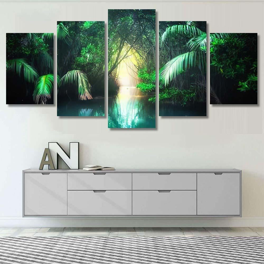 Fantasy Jungle Landscape Turquoise Tropical Lake 2 - Fantasy Canvas Print Panel Canvas, 3-5 Piece Canvas Art, Multi Panel Canvas Wall Art Poster Canvas Gallery Framed Prints, Canvas