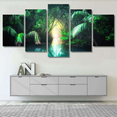 Fantasy Jungle Landscape Turquoise Tropical Lake 2 - Fantasy Canvas Print Panel Canvas, 3-5 Piece Canvas Art, Multi Panel Canvas Wall Art Poster Canvas Gallery Framed Prints, Canvas