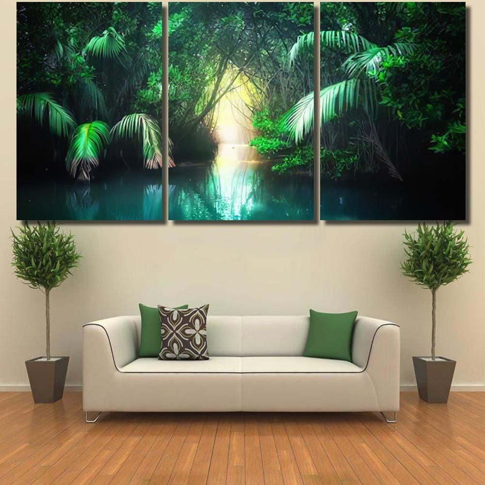 Fantasy Jungle Landscape Turquoise Tropical Lake 2 - Fantasy Canvas Print Panel Canvas, 3-5 Piece Canvas Art, Multi Panel Canvas Wall Art Poster Canvas Gallery Framed Prints, Canvas