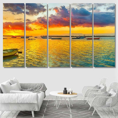 Fishing Boat Sunset Time Le Morn 2 - Fantasy Canvas Print Panel Canvas, 3-5 Piece Canvas Art, Multi Panel Canvas Wall Art Poster Canvas Gallery Framed Prints, Canvas