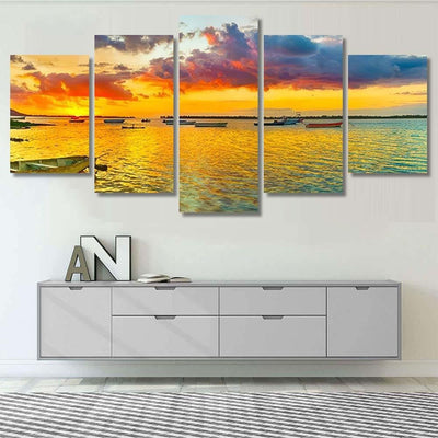 Fishing Boat Sunset Time Le Morn 2 - Fantasy Canvas Print Panel Canvas, 3-5 Piece Canvas Art, Multi Panel Canvas Wall Art Poster Canvas Gallery Framed Prints, Canvas