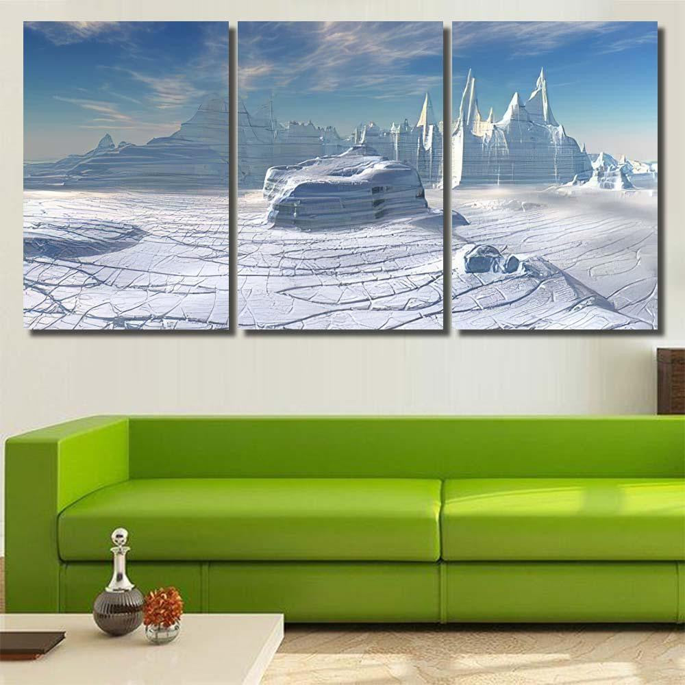 Cold Icy Fantasy Alien Landscape Computer Galaxy Sky and Space Canvas Print Panel Canvas, 3-5 Piece Canvas Art, Multi Panel Canvas Wall Art Poster Canvas Gallery Framed Prints, Canvas