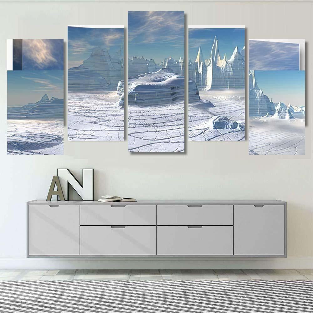 Cold Icy Fantasy Alien Landscape Computer Galaxy Sky and Space Canvas Print Panel Canvas, 3-5 Piece Canvas Art, Multi Panel Canvas Wall Art Poster Canvas Gallery Framed Prints, Canvas