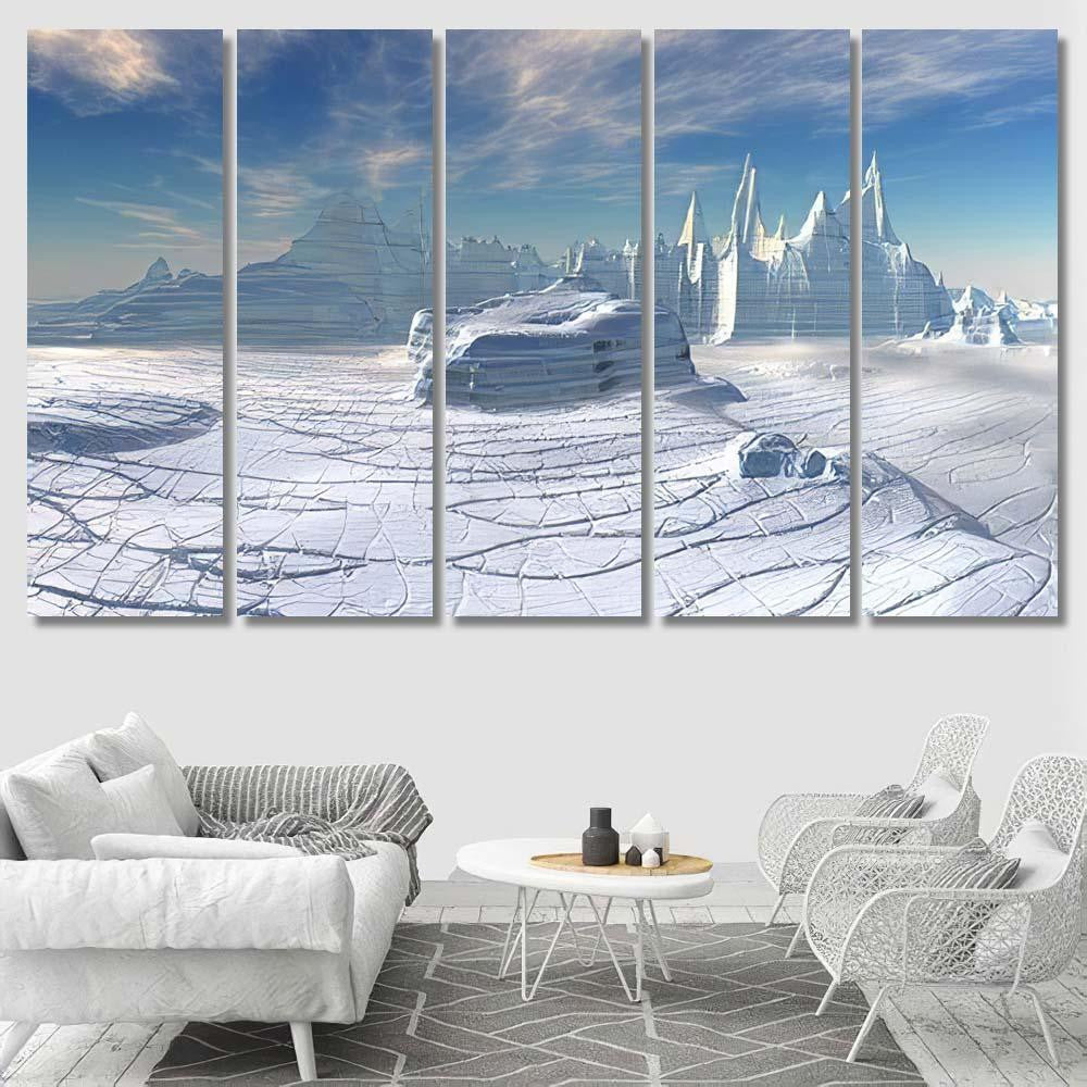 Cold Icy Fantasy Alien Landscape Computer Galaxy Sky and Space Canvas Print Panel Canvas, 3-5 Piece Canvas Art, Multi Panel Canvas Wall Art Poster Canvas Gallery Framed Prints, Canvas