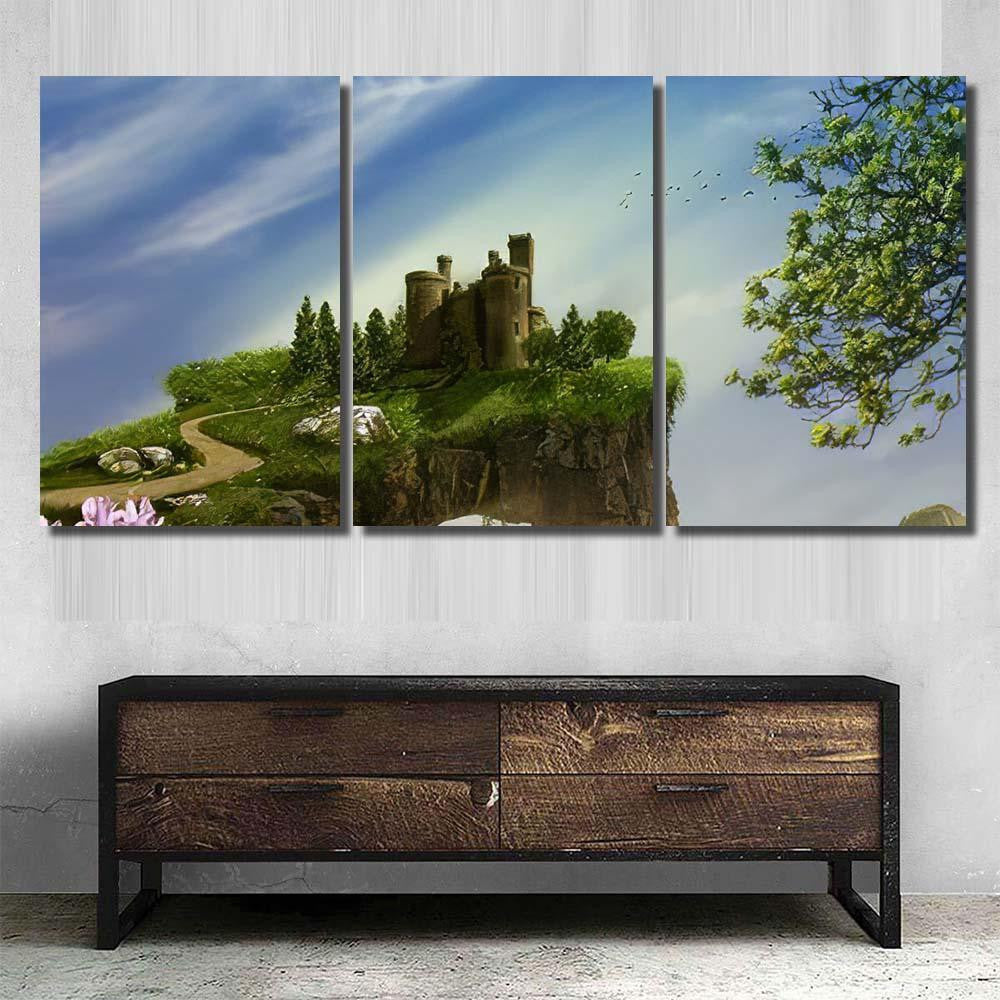 Fantasy Landscape Cliff Castle Mountains 3 - Fantasy Canvas Print Panel Canvas, 3-5 Piece Canvas Art, Multi Panel Canvas Wall Art Poster Canvas Gallery Framed Prints, Canvas