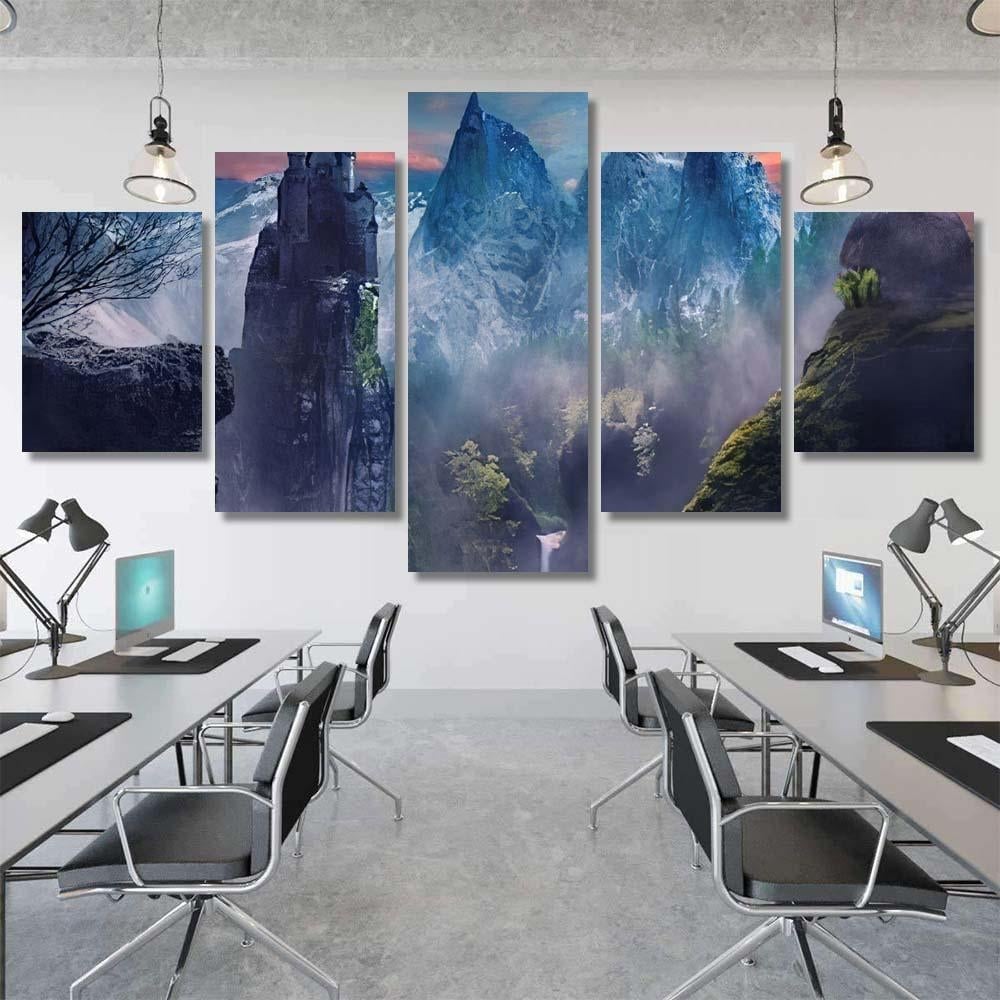 Fantasy Landscape Mountain Castle Foggy 1 - Fantasy Canvas Print Panel Canvas, 3-5 Piece Canvas Art, Multi Panel Canvas Wall Art Poster Canvas Gallery Framed Prints, Canvas